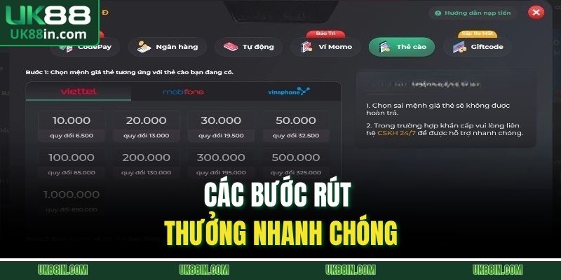 Các bước rút thưởng nhanh chóng